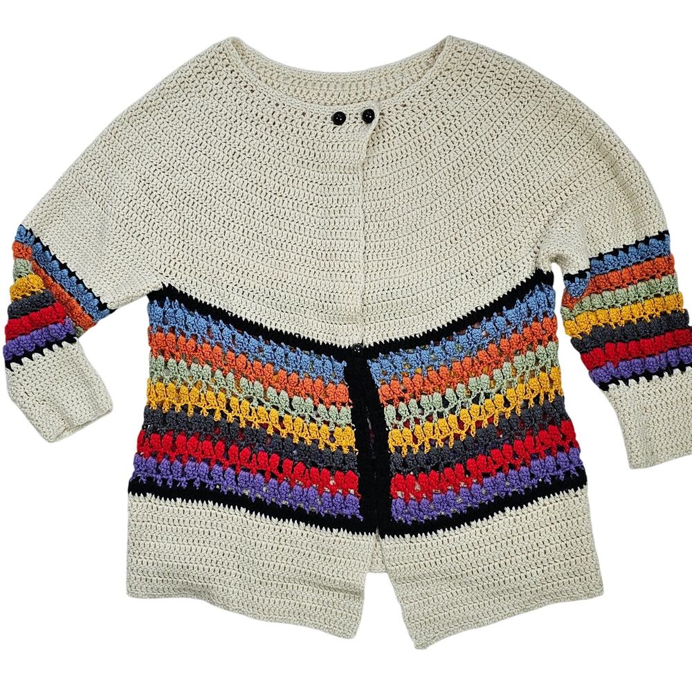 Handmade crocheted cream cardigan multi stripes grandma boho folklore